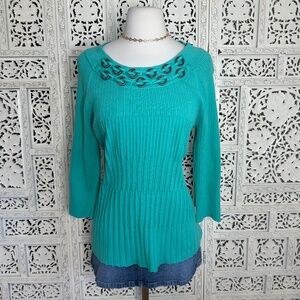 Requirements NWT Teal Green Boat Neck Embellished Ribbed Sweater Blouse Sz Large
